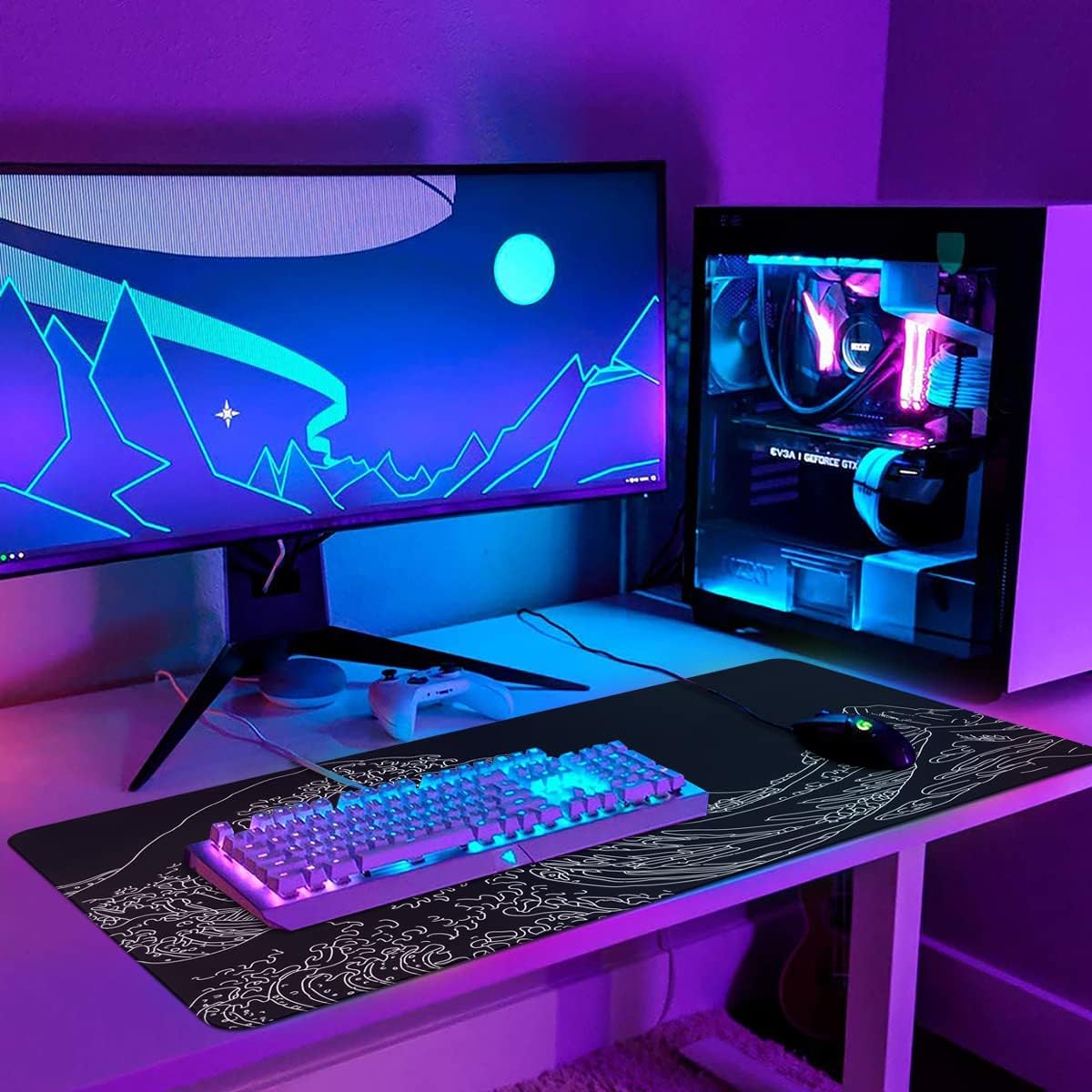 Japanese Sea Wave Large Mouse Pad, Gaming Keyboard Mat, Non-Slip Rubber Base Mice Pad - Black Wave of Kanagawa