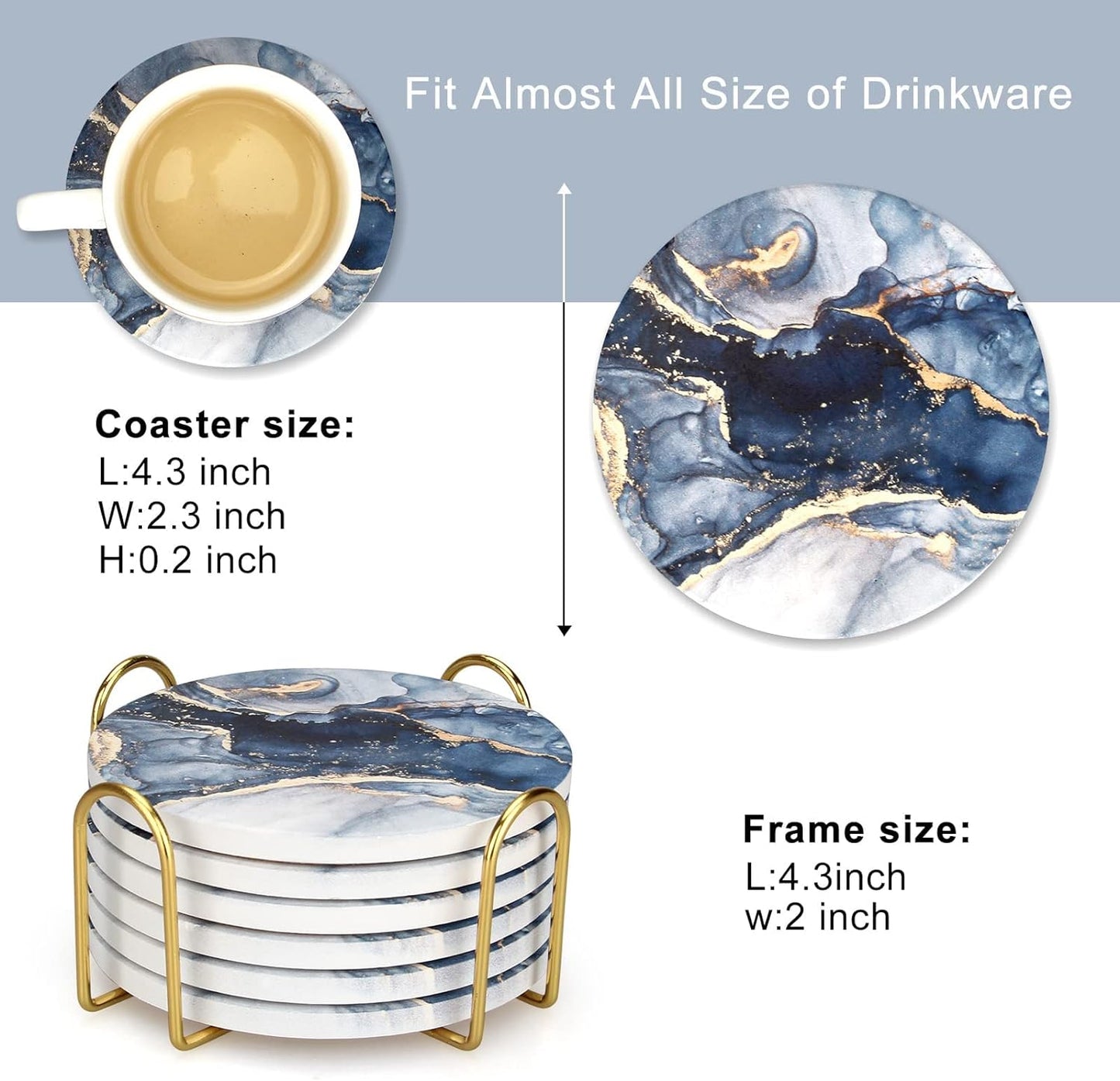 Navy Blue Marble Ceramic Coasters 6 Pcs, 4" Round Decorative Ceramic Coaster with Holder, Water Absorption