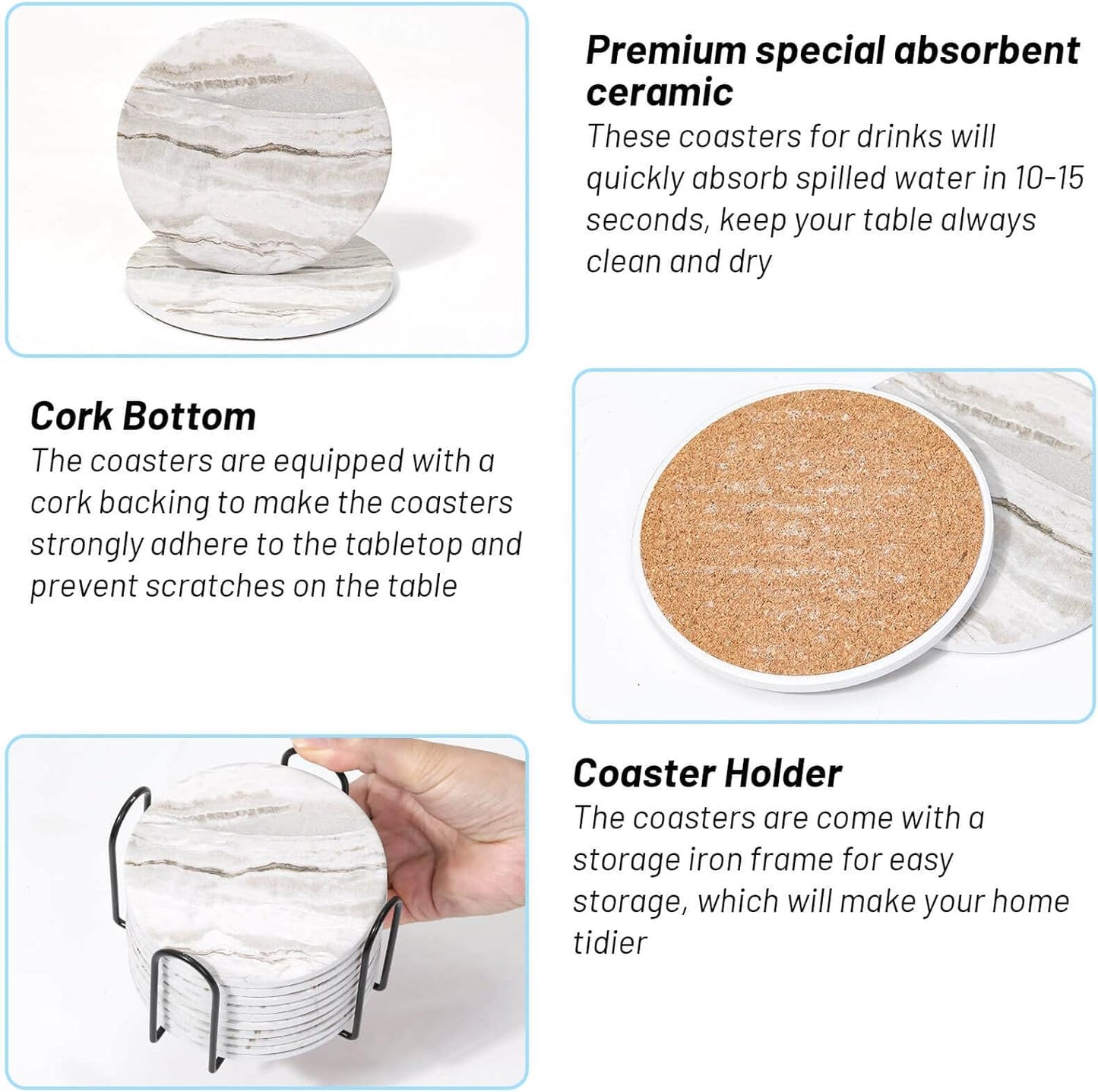 Qkutte 6 Pcs Ceramic Coasters, Marble Style Coaster with holder, Anti Slip and Water Absorption, 4 in Round Decorative Drink Coasters for Coffee Table