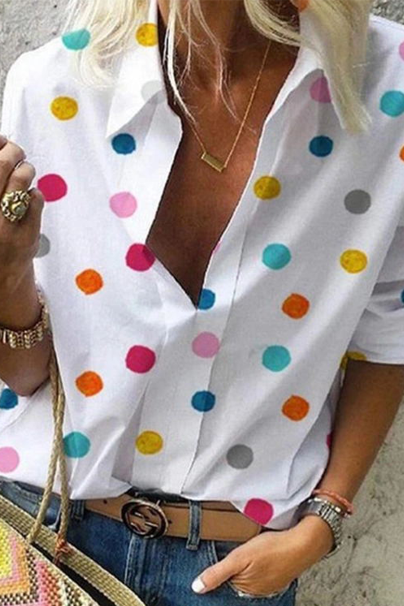 Casual Dot Split Joint Turndown Collar Tops(3 Colors)