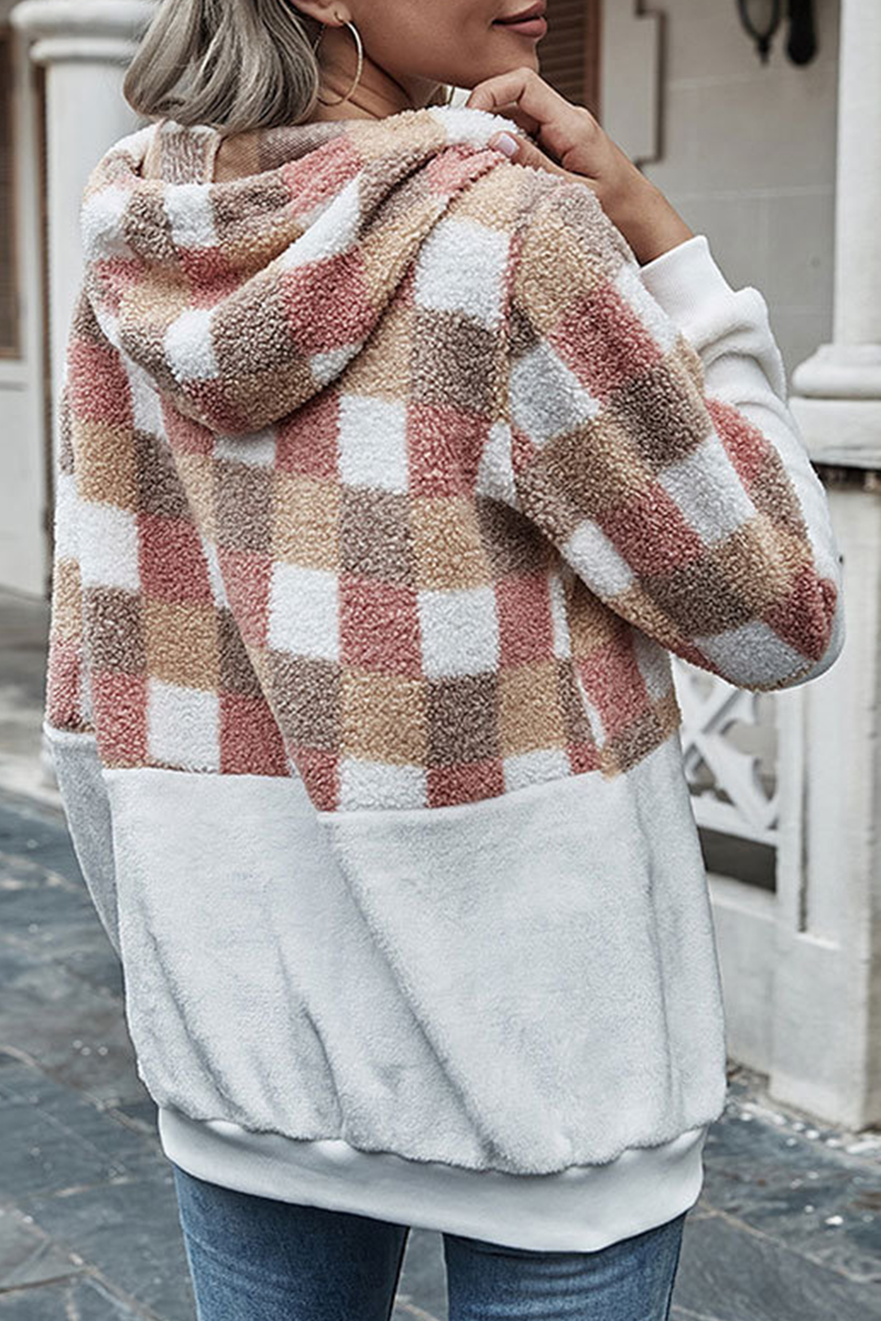 Street Plaid Draw String Hooded Collar Tops