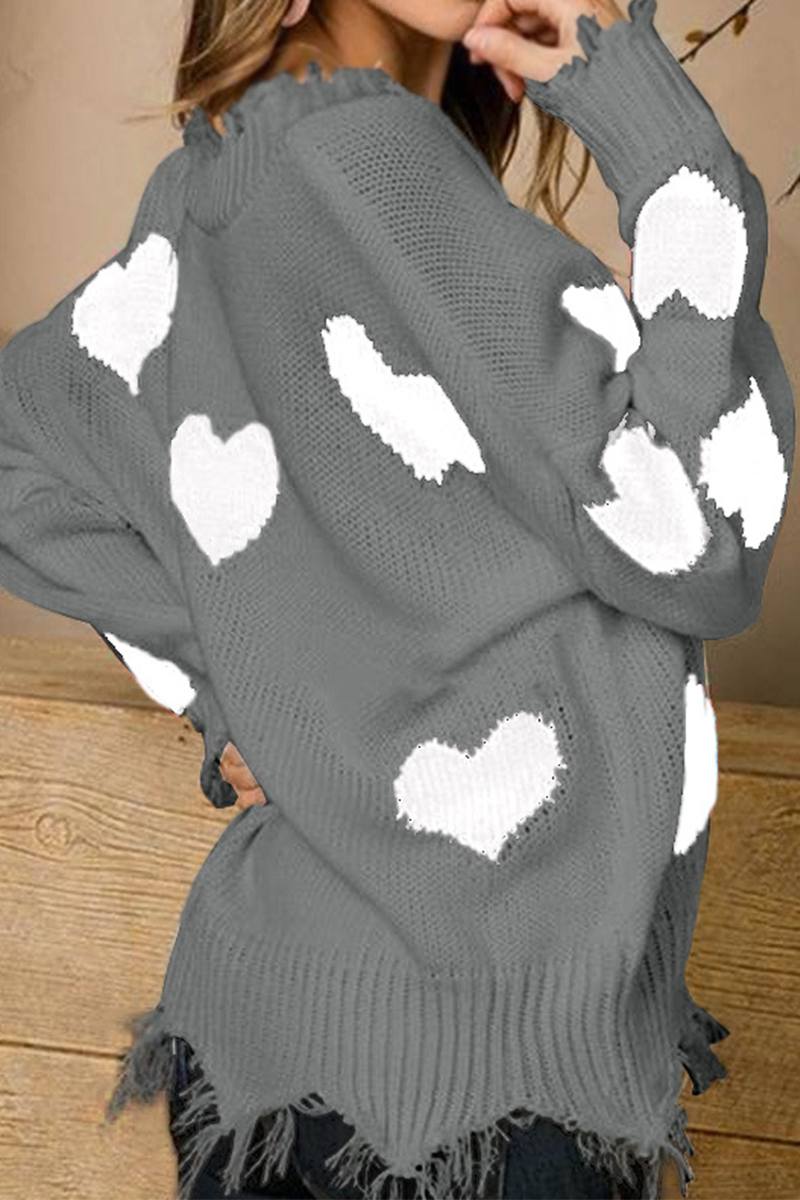 Casual Print Tassel Contrast V Neck Tops Sweater