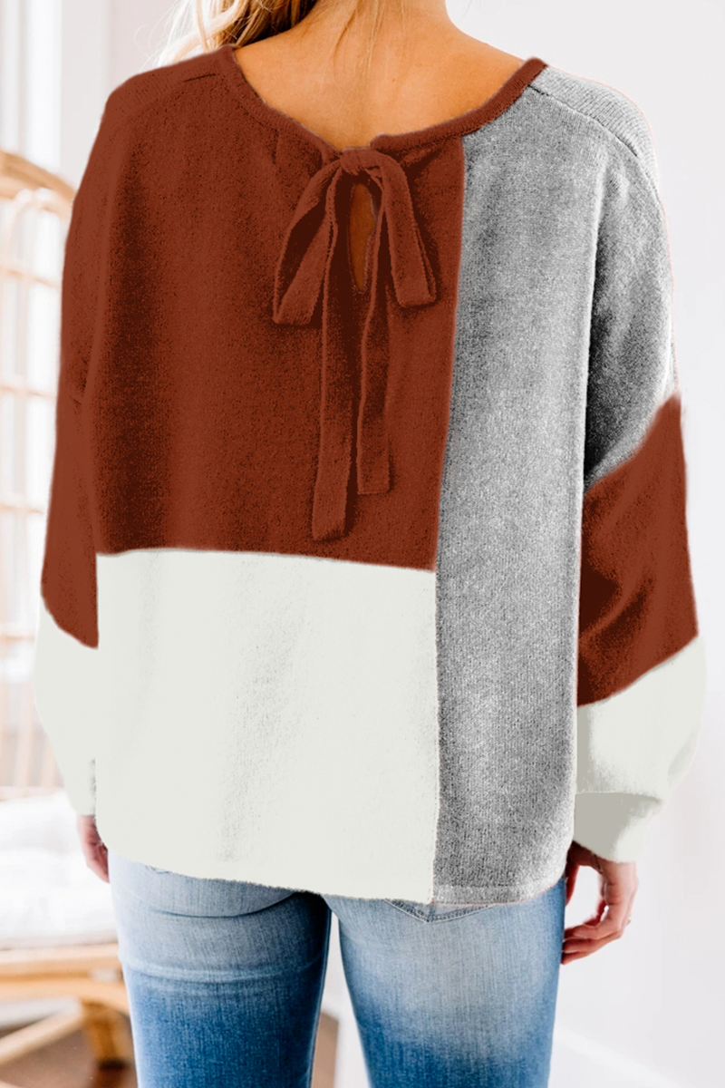 Casual Patchwork Contrast O Neck Tops Sweater