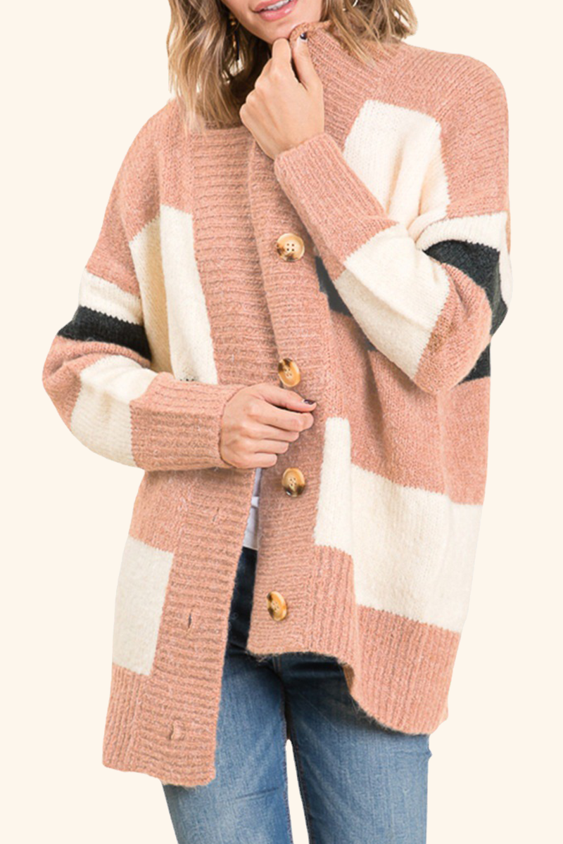 Casual Patchwork Buckle V Neck Tops Sweater