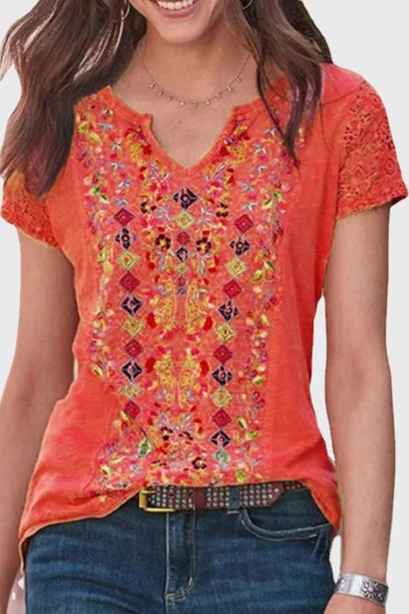 Casual Print Patchwork V Neck T-Shirts(5 Colors)