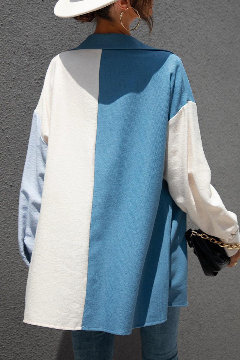 Casual Patchwork Pocket Buckle Contrast Turndown Collar Tops