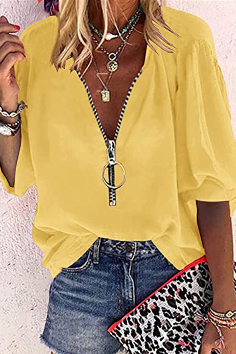 Casual Solid Patchwork Zipper Collar Tops(8 Colors)