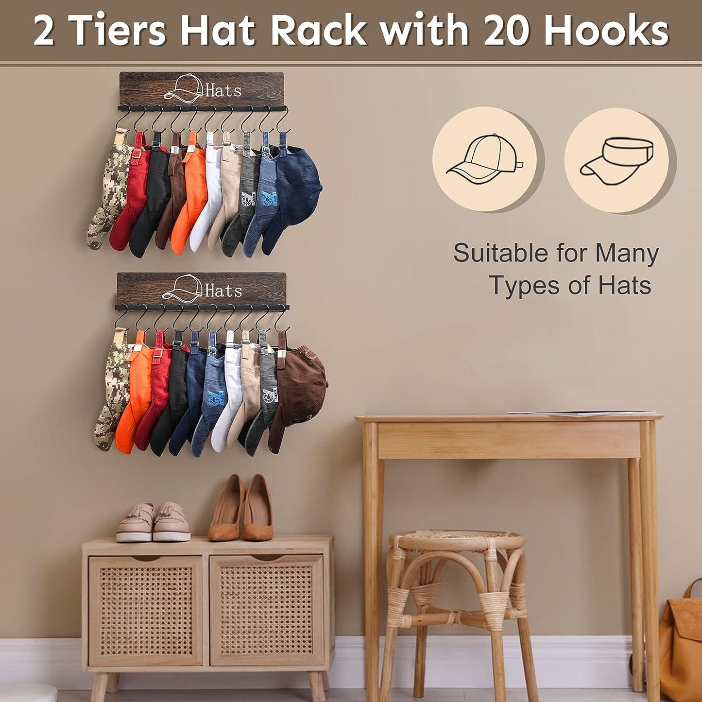 Set of 2 Baseball Caps Organizer Wall Mount with 20 Hooks, Hat Storage Hanger for Closet Bedroom