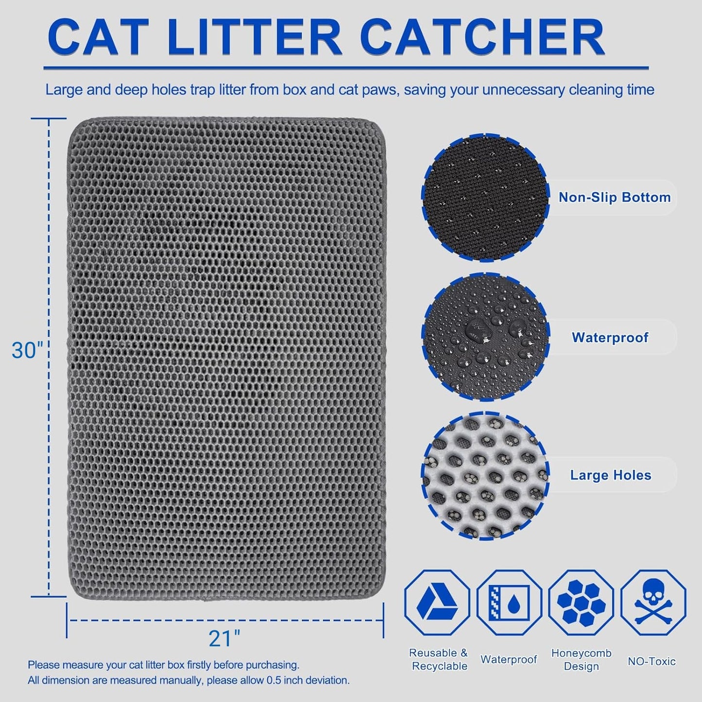 Cat Litter Mat, Double Layer Water Proof Litter Trapping Mat, Scatter Control,Grey(21"X30")