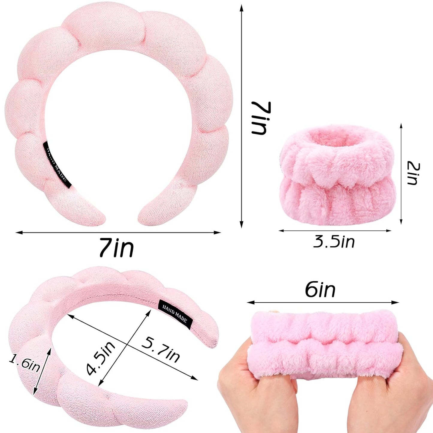 Spa Headband for Washing Face Wristband Set, Non Slip Hair Accessories for Girls, Sponge Lining Headband (Pink)