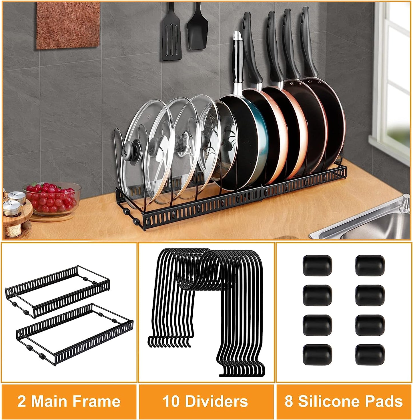 Pot Rack, Expandable Pan Organizer, Pot Lid Holder with 10 Adjustable Compartment for Kitchen Cabinet Cookware