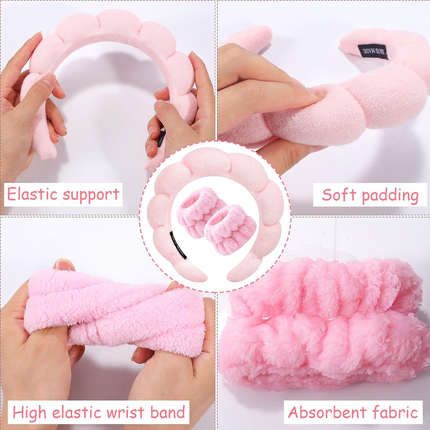 Spa Headband for Washing Face Wristband Set, Non Slip Hair Accessories for Girls, Sponge Lining Headband (Pink)