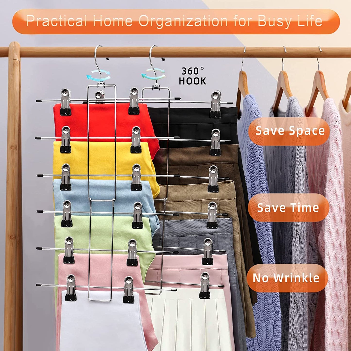 3 Pack Skirt Hangers with Clips, 6-Tire Pants Hangers for Closet, Space Saving Multiple Shorts Hangers