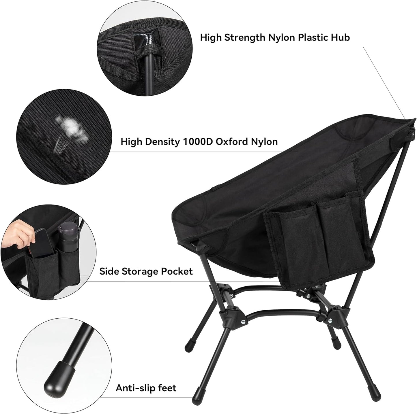 Qkutte Ultralight Camping Chair, Portable Sturdy Folding Chair with Carry Bag and Side Pocket,Black