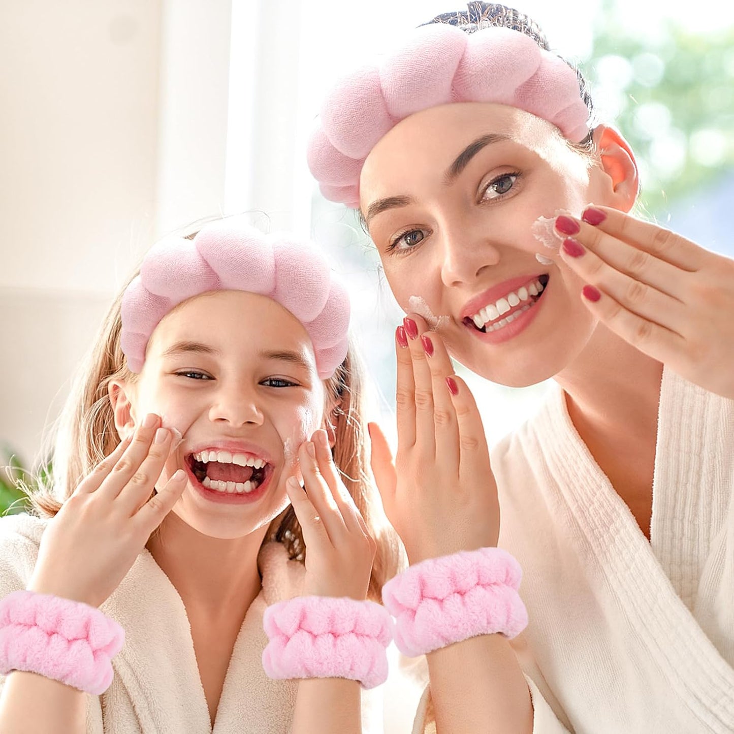 Spa Headband for Washing Face Wristband Set, Non Slip Hair Accessories for Girls, Sponge Lining Headband (Pink)