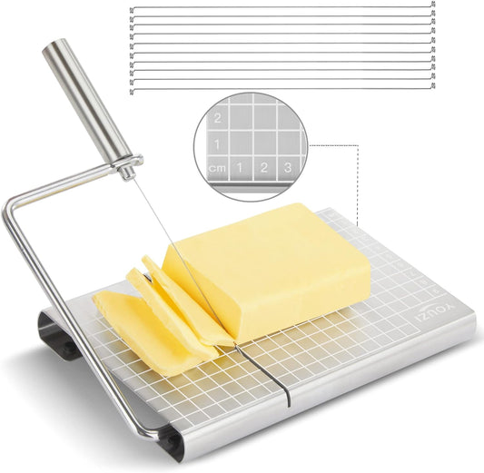 Stainless Steel Cheese Slicer, Cheese Cutting Board with 6 Replacement Wires, Slicer for Block Cheese, Cake, Ham, Butter, Tofu