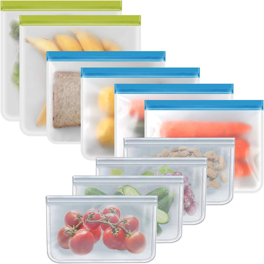 10 Pack Reusable Silicone Bags, Extra Thick Freezer Bags, Reusable Storage Bags for Food, 2 Gallon 4 Sandwich 4 Snack Bags