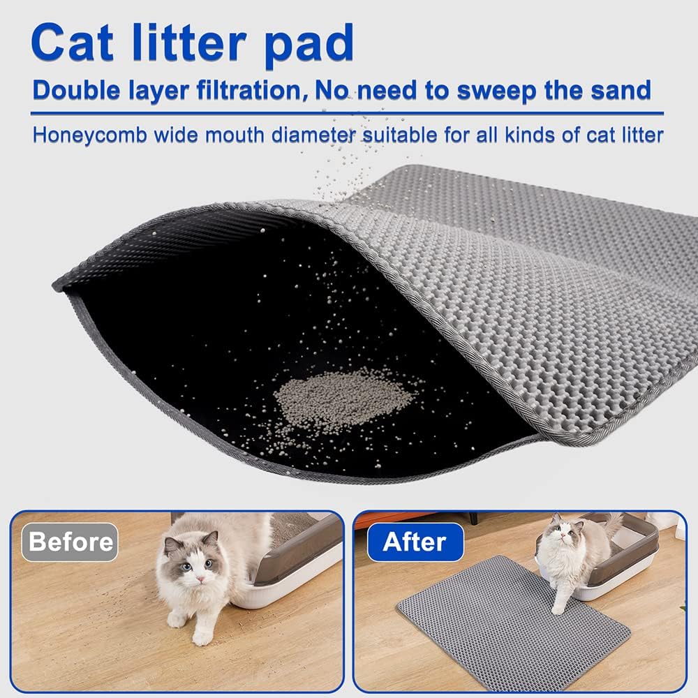 Cat Litter Mat, Double Layer Water Proof Litter Trapping Mat, Scatter Control,Grey(21"X30")