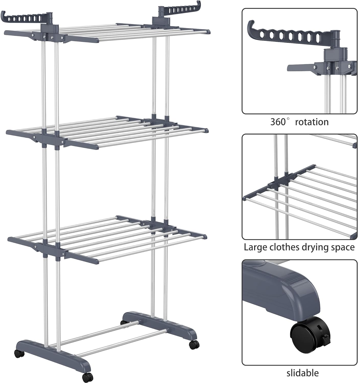 Clothes Drying Rack, 4-Tier Clothes Horses Rack, Foldable Stainless Steel Laundry Garment Dryer with Wheels, Grey