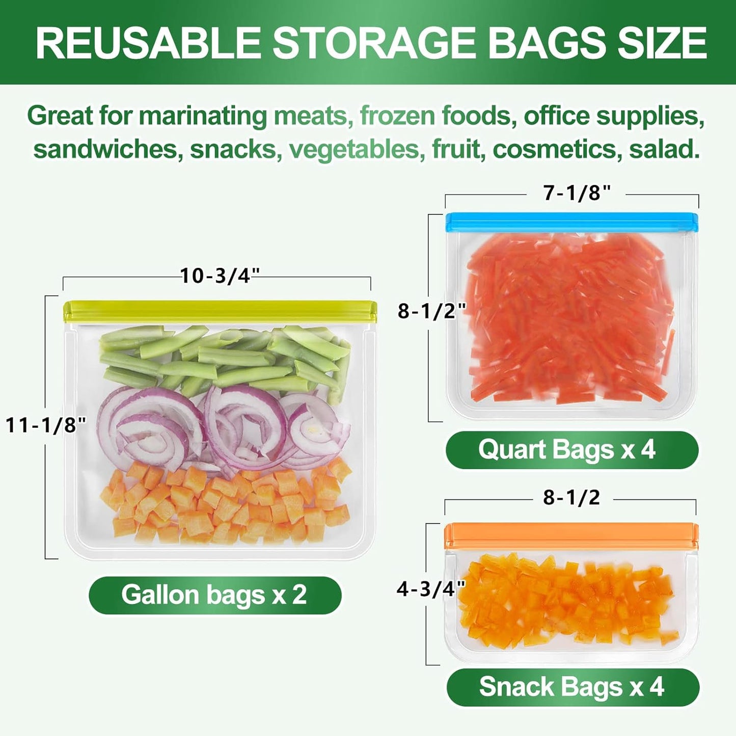 10 Pack Reusable Silicone Bags, Extra Thick Freezer Bags, Reusable Storage Bags for Food, 2 Gallon 4 Sandwich 4 Snack Bags