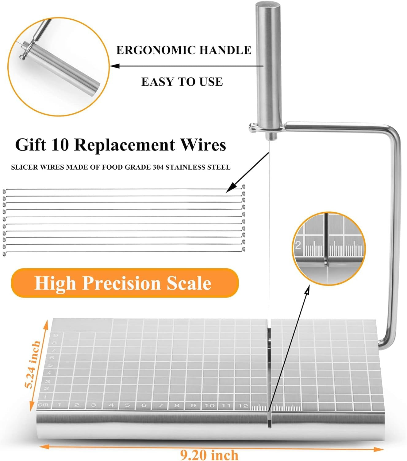 Stainless Steel Cheese Slicer, Cheese Cutting Board with 6 Replacement Wires, Slicer for Block Cheese, Cake, Ham, Butter, Tofu