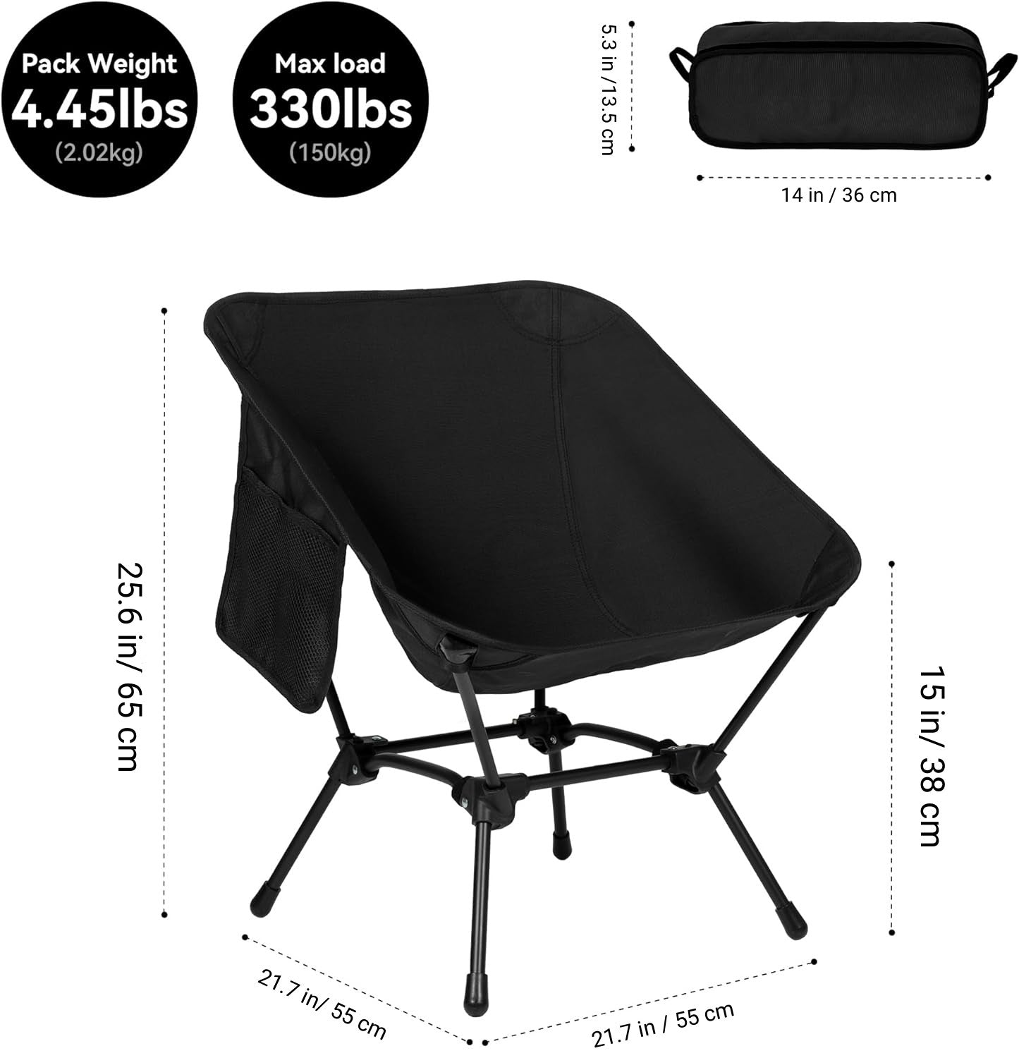 Qkutte Ultralight Camping Chair, Portable Sturdy Folding Chair with Carry Bag and Side Pocket,Black