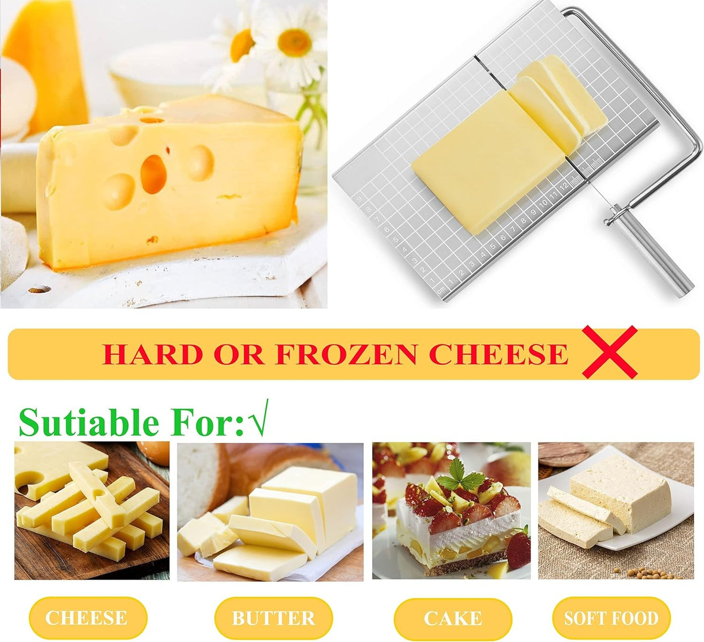 Stainless Steel Cheese Slicer, Cheese Cutting Board with 6 Replacement Wires, Slicer for Block Cheese, Cake, Ham, Butter, Tofu