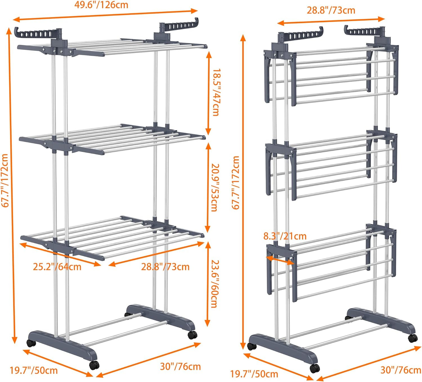 Clothes Drying Rack, 4-Tier Clothes Horses Rack, Foldable Stainless Steel Laundry Garment Dryer with Wheels, Grey