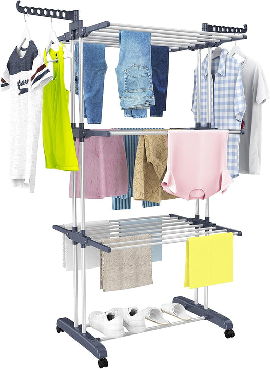 Clothes Drying Rack, 4-Tier Clothes Horses Rack, Foldable Stainless Steel Laundry Garment Dryer with Wheels, Grey