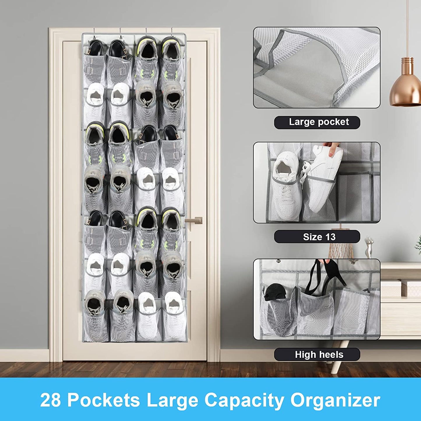 Over the Door Shoe Rack, 28 Large Mesh Pockets Hanging Shoe Organizer for Closet