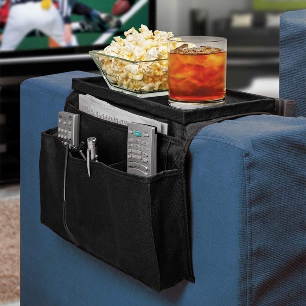 Sofa Armrest Organizer with Cup Holder Tray, 4 Pockets Bedside TV Remote Holder Chair Arm Caddy for Cellphone Tablet Notepad Book Magazines DVD Glasses