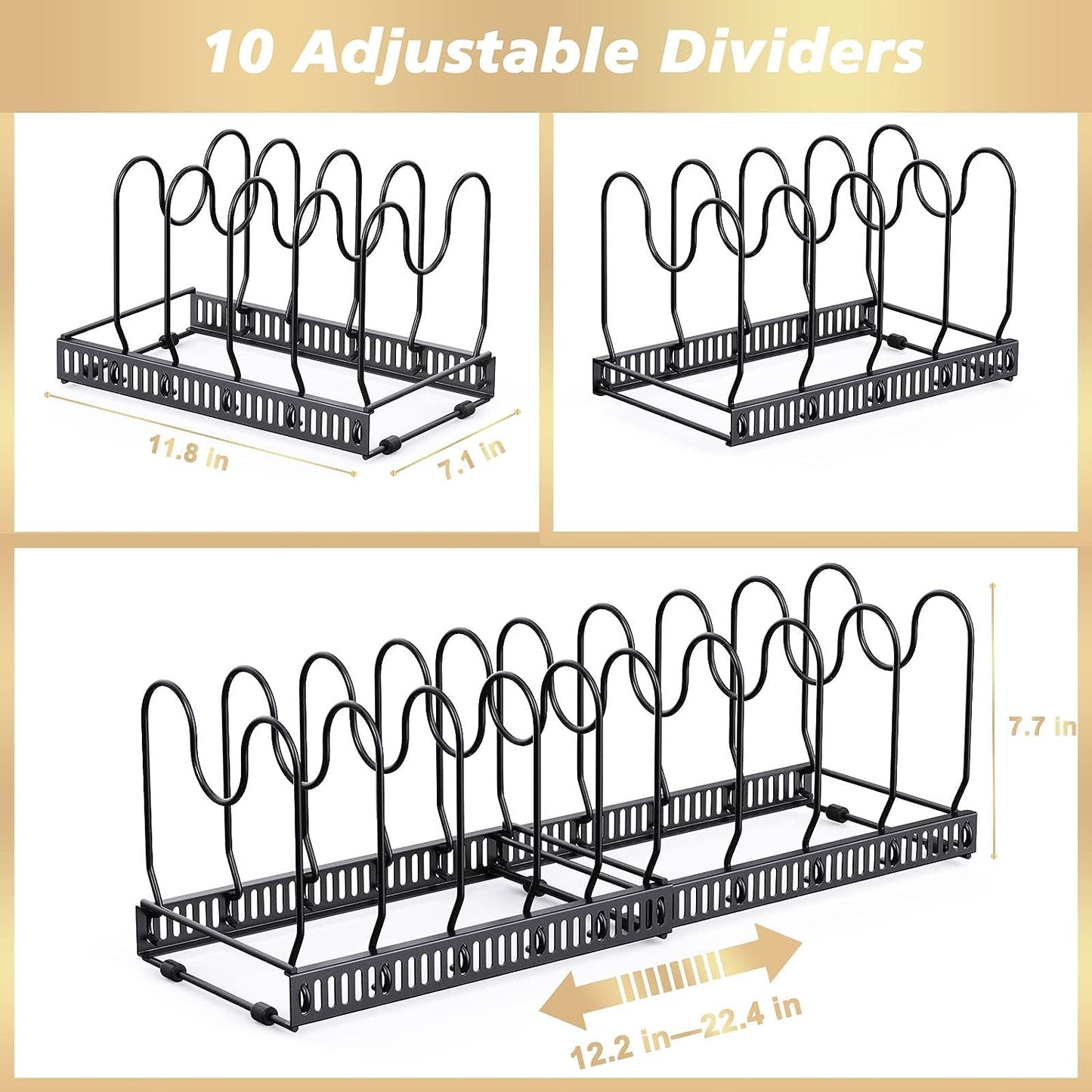 Pot Rack, Expandable Pan Organizer, Pot Lid Holder with 10 Adjustable Compartment for Kitchen Cabinet Cookware