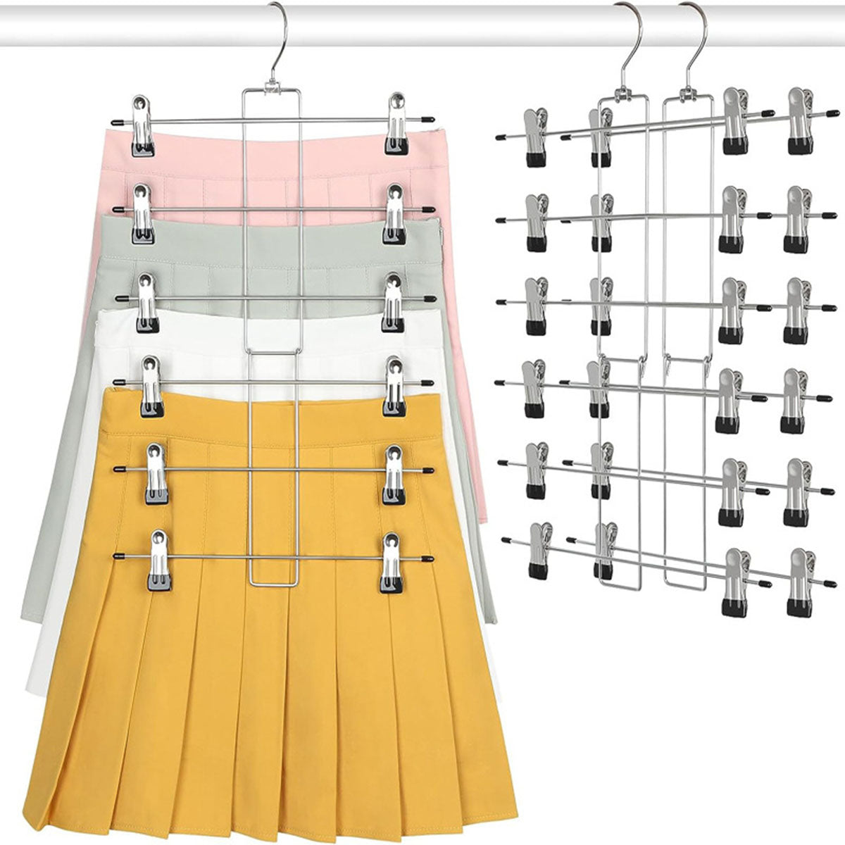 3 Pack Skirt Hangers with Clips, 6-Tire Pants Hangers for Closet, Space Saving Multiple Shorts Hangers