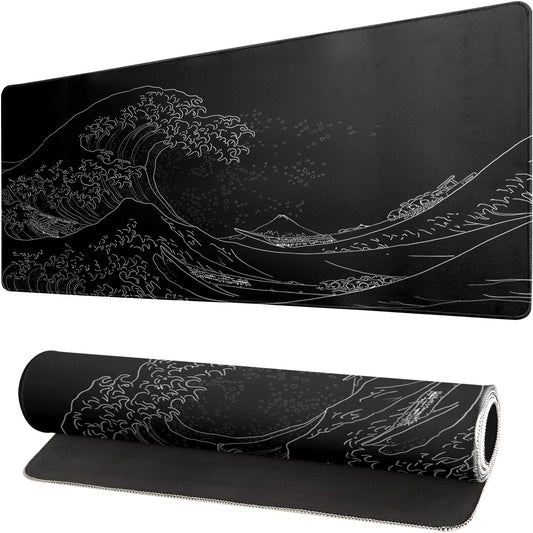 Japanese Sea Wave Large Mouse Pad, Gaming Keyboard Mat, Non-Slip Rubber Base Mice Pad - Black Wave of Kanagawa