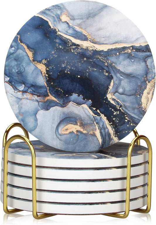 Navy Blue Marble Ceramic Coasters 6 Pcs, 4" Round Decorative Ceramic Coaster with Holder, Water Absorption