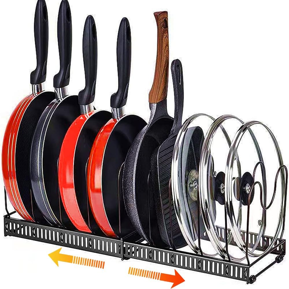 Pot Rack, Expandable Pan Organizer, Pot Lid Holder with 10 Adjustable Compartment for Kitchen Cabinet Cookware