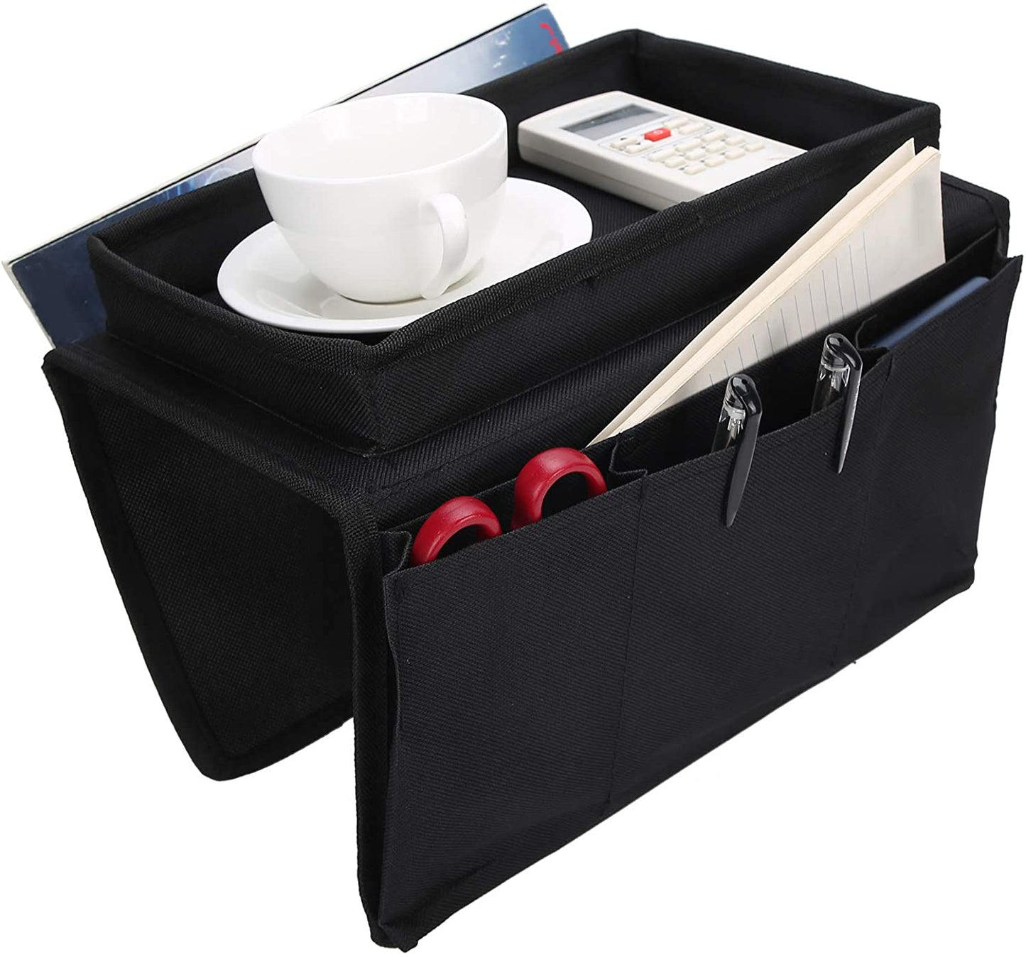 Sofa Armrest Organizer with Cup Holder Tray, 4 Pockets Bedside TV Remote Holder Chair Arm Caddy for Cellphone Tablet Notepad Book Magazines DVD Glasses