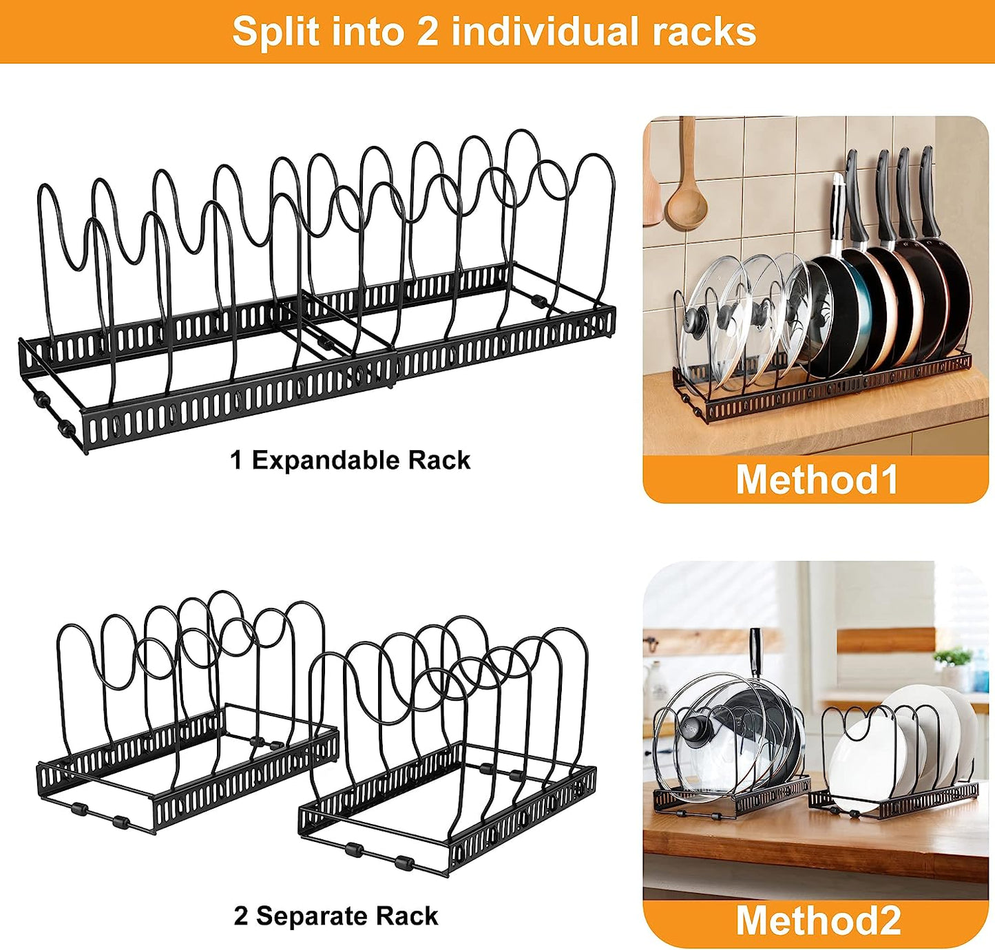 Pot Rack, Expandable Pan Organizer, Pot Lid Holder with 10 Adjustable Compartment for Kitchen Cabinet Cookware