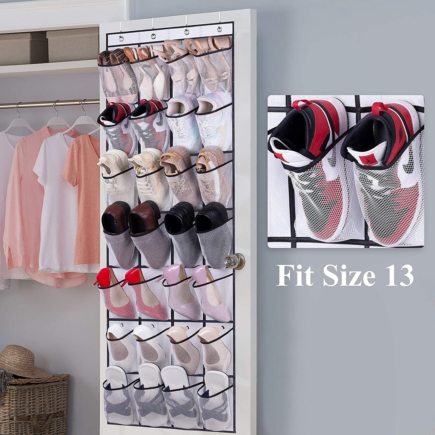 Over the Door Shoe Rack, 28 Large Mesh Pockets Hanging Shoe Organizer for Closet