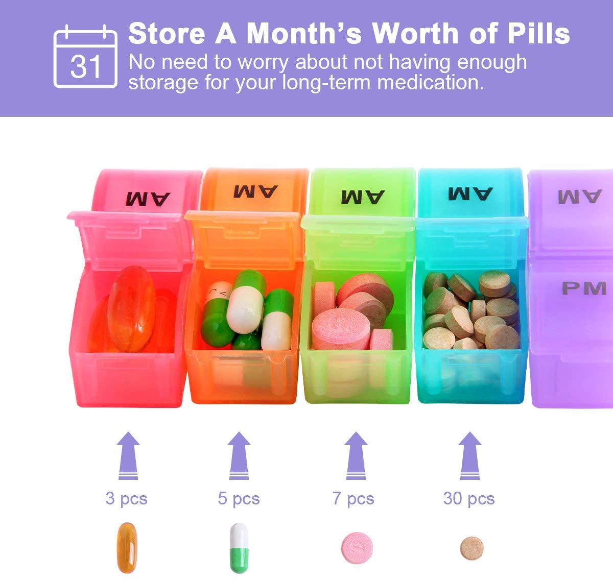 Monthly Pill Organizer 2 Times a Day, 31 Day AM/PM Daily Pill Case 32 Compartments Pill Dispenser Container to Hold Vitamins, Supplements and Medication