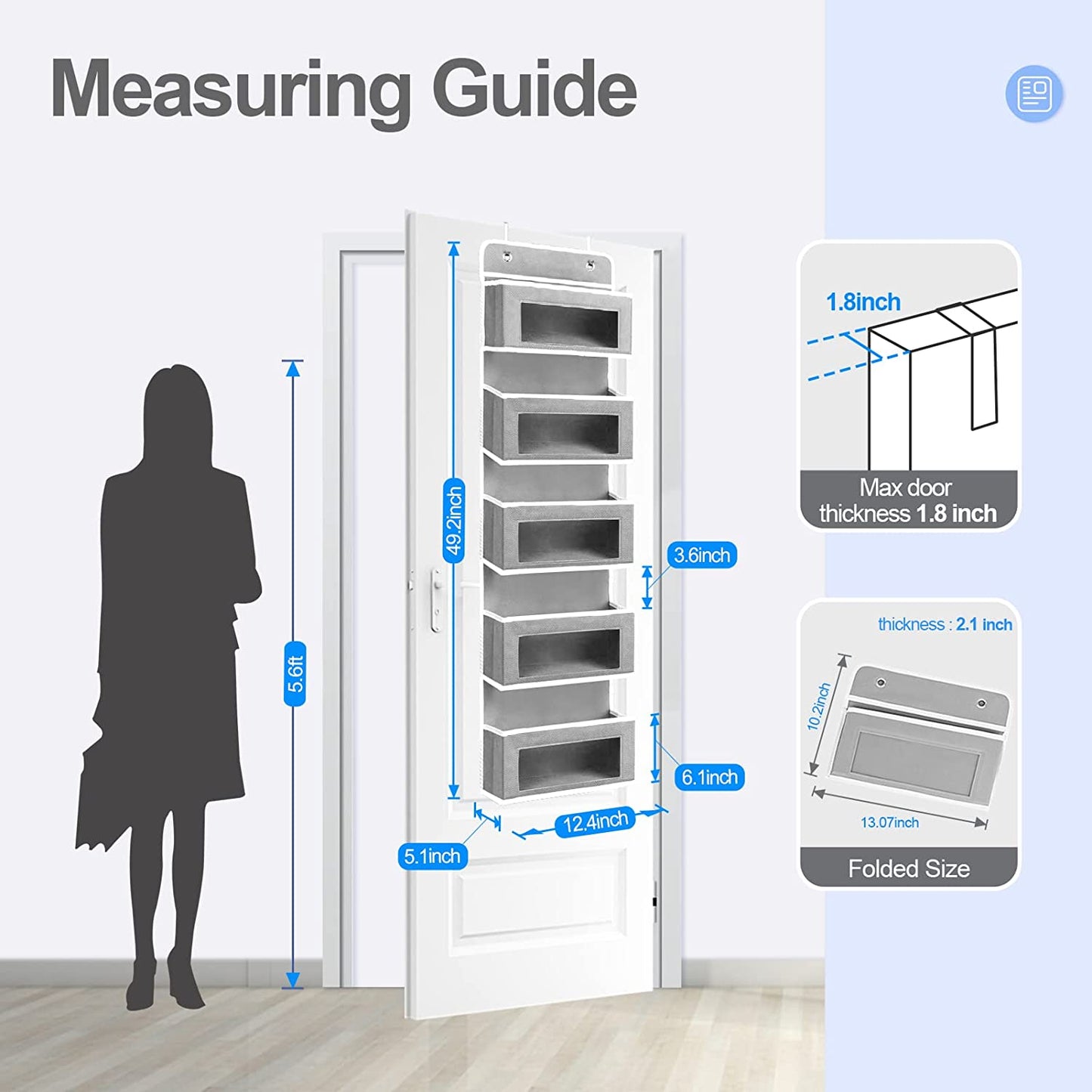 Over The Door Organizer with 5 Large Pockets, Behind Door Hanging Storage with Clear Window and 2 Metal Hooks for Pantry Nursery Room Closet Bathroom