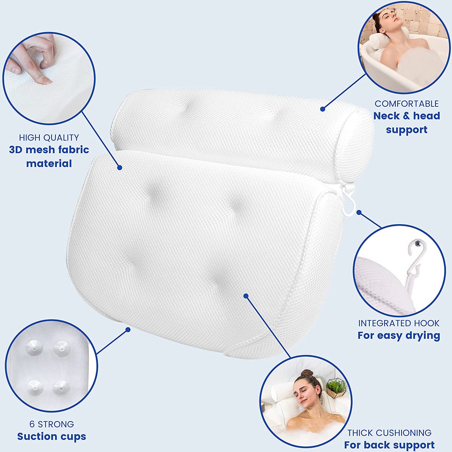 Bath Pillows for Tub Neck and Back Support, Bathtub Pillows with 6 Non Slip Suction Cups, Spa Pillows for Bathtub