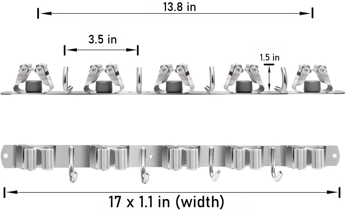 Mop and Broom Holder Wall Mount, 5 Racks 4 Hooks Stainless Steel Organization Hanger for Home Kitchen Garden Laundry Garage