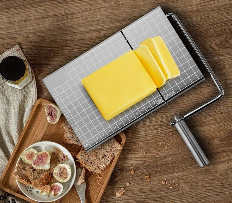 Stainless Steel Cheese Slicer, Cheese Cutting Board with 6 Replacement Wires, Slicer for Block Cheese, Cake, Ham, Butter, Tofu