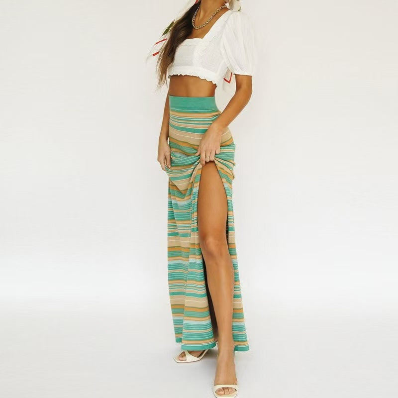 Fashion Street Striped Frenulum Backless Halter Tops