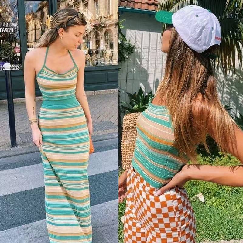 Fashion Street Striped Frenulum Backless Halter Tops