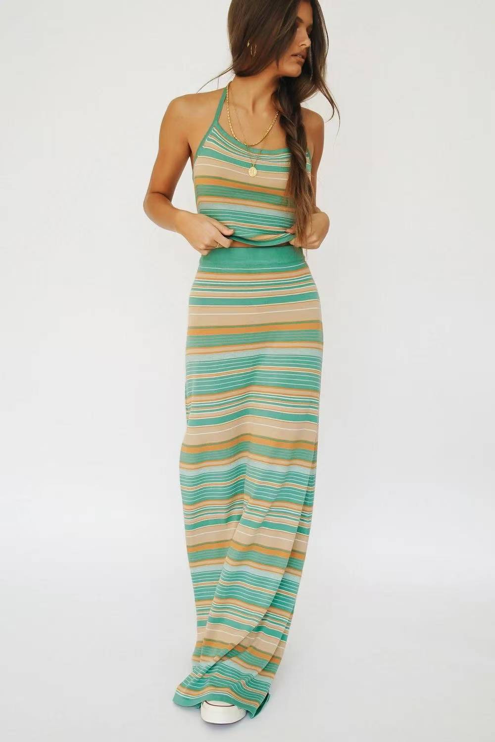 Fashion Street Striped Frenulum Backless Halter Tops