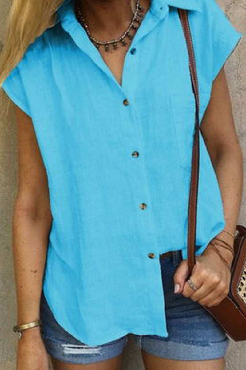 Casual Solid Split Joint Turndown Collar Tops