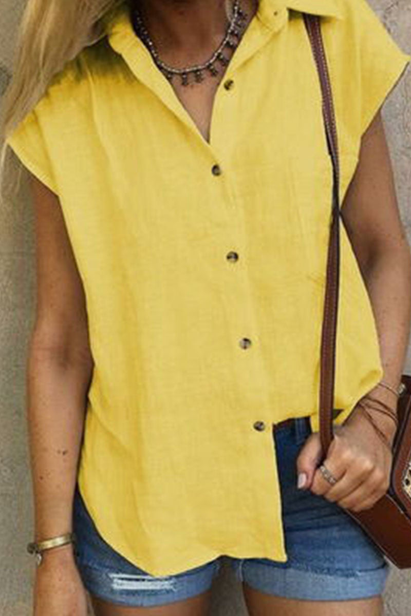 Casual Solid Split Joint Turndown Collar Tops