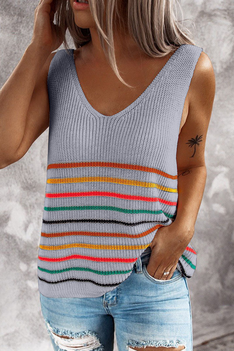 Casual Striped Split Joint V Neck Tops(4 Colors)